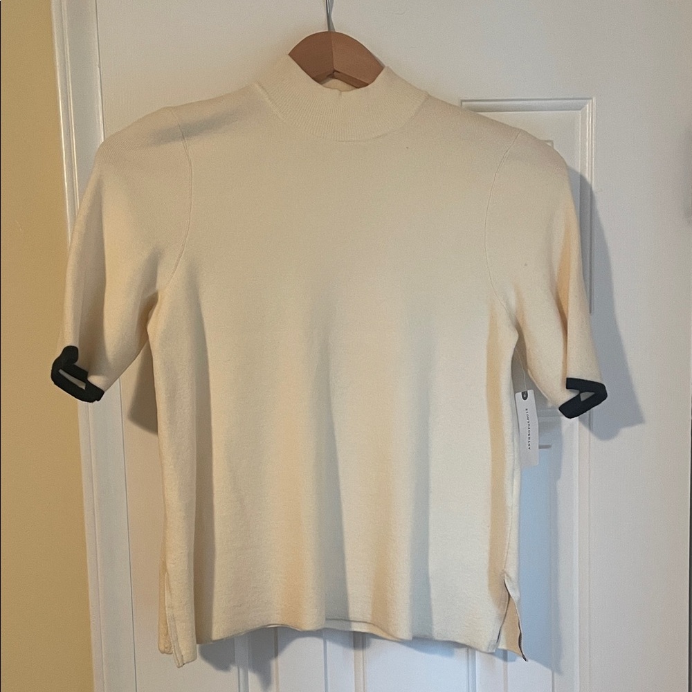 NWT Moth by Anthropologie Short Sleeve Sweater-Cream Knit, Blk Trim-$98 retail